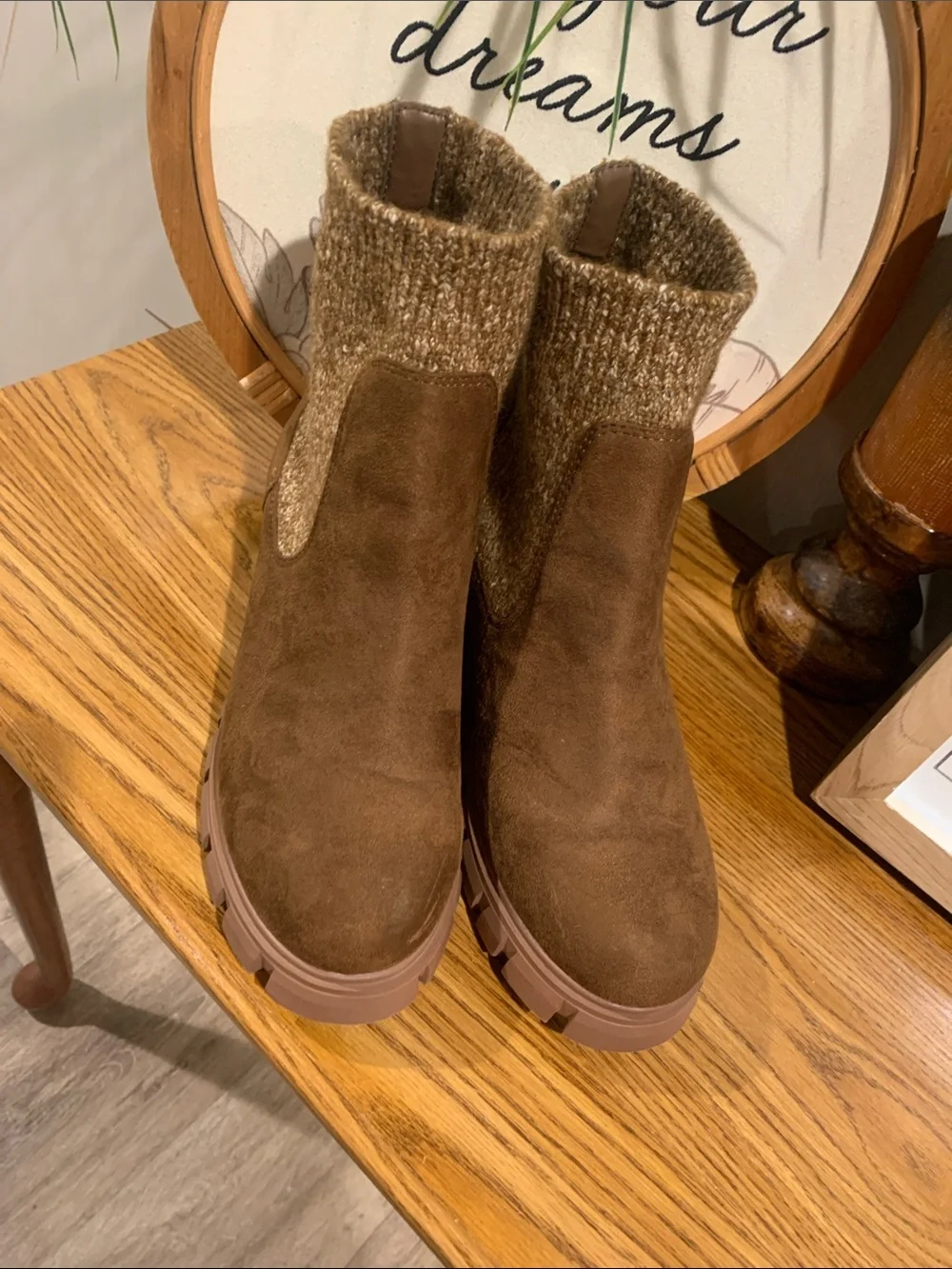 Women's Brown Suede Chunky Chelsea Boot with Knit Collar